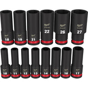 Fourteen black Milwaukee metric deep sockets with red bands, sized 10mm to 27mm, for 1/2" drive.