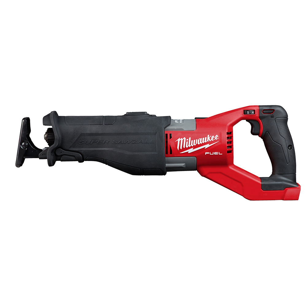 Red and black Milwaukee M18 FUEL reciprocating saw with blade on left side and ergonomic grip handle on right.