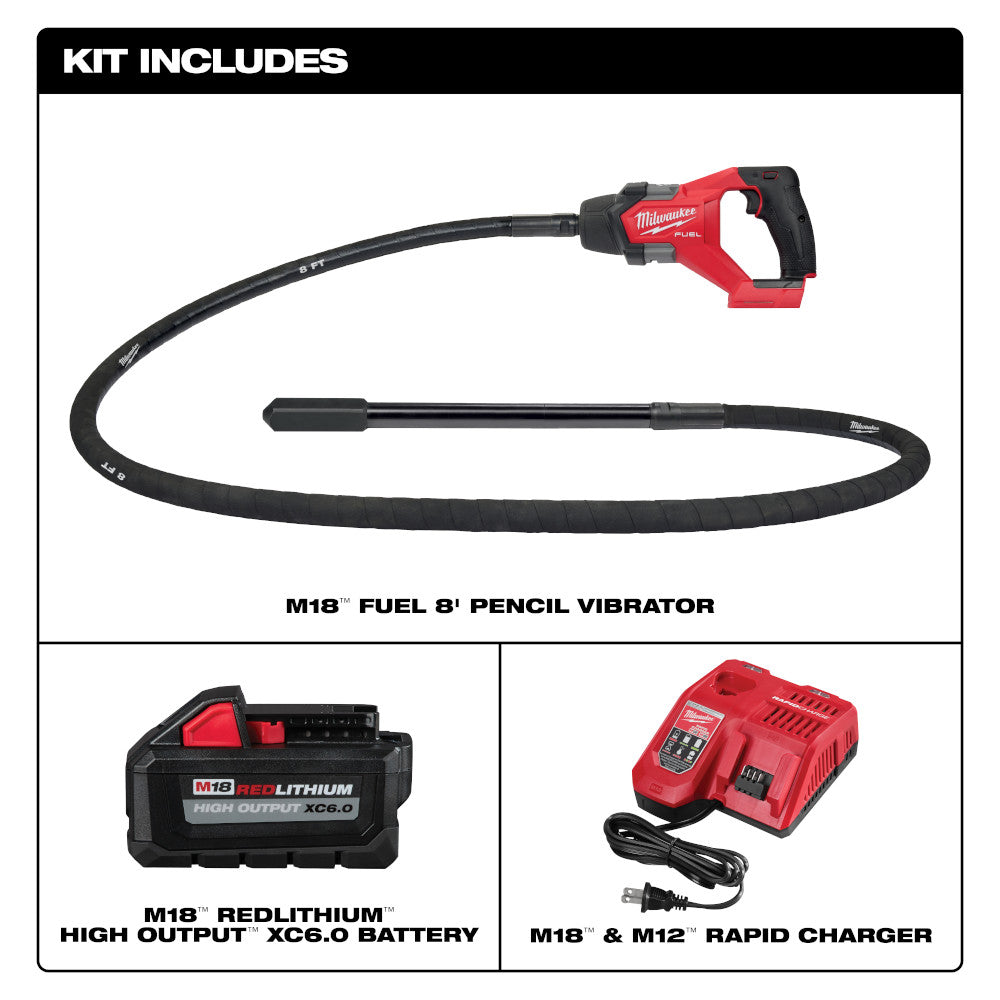 M18 FUEL concrete pencil vibrator with 8-foot hose, red and black motor head, M18 battery, and rapid charger.