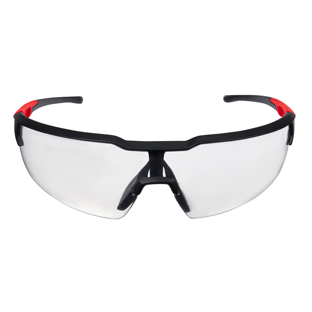 Safety glasses with clear lenses, black frame, and red accents on the temples.