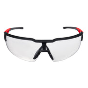 Safety glasses with clear lenses, black frame, and red accents on the temples.