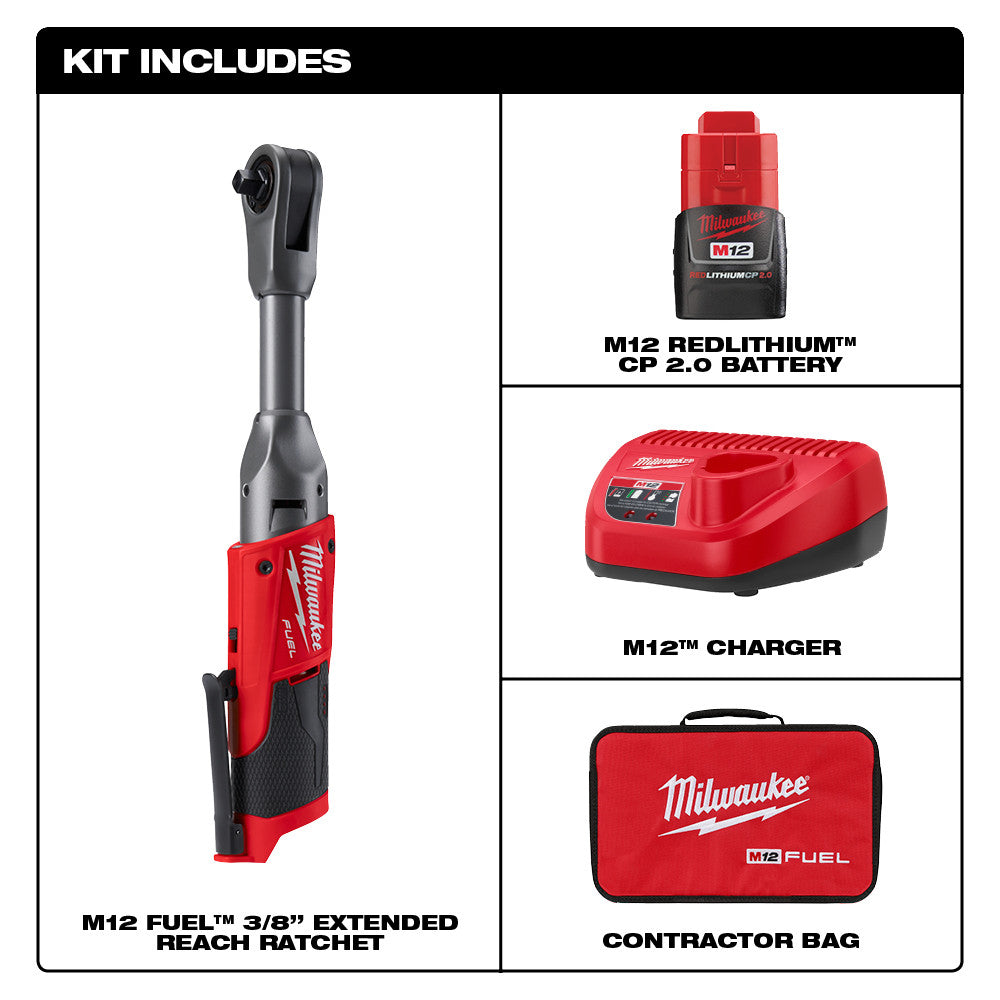 Milwaukee M12 FUEL 3/8" extended reach ratchet with battery, charger, and contractor bag.