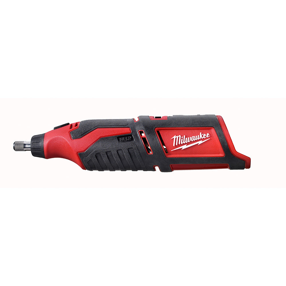 Milwaukee M12 cordless rotary tool with red and black housing, side view against white background.