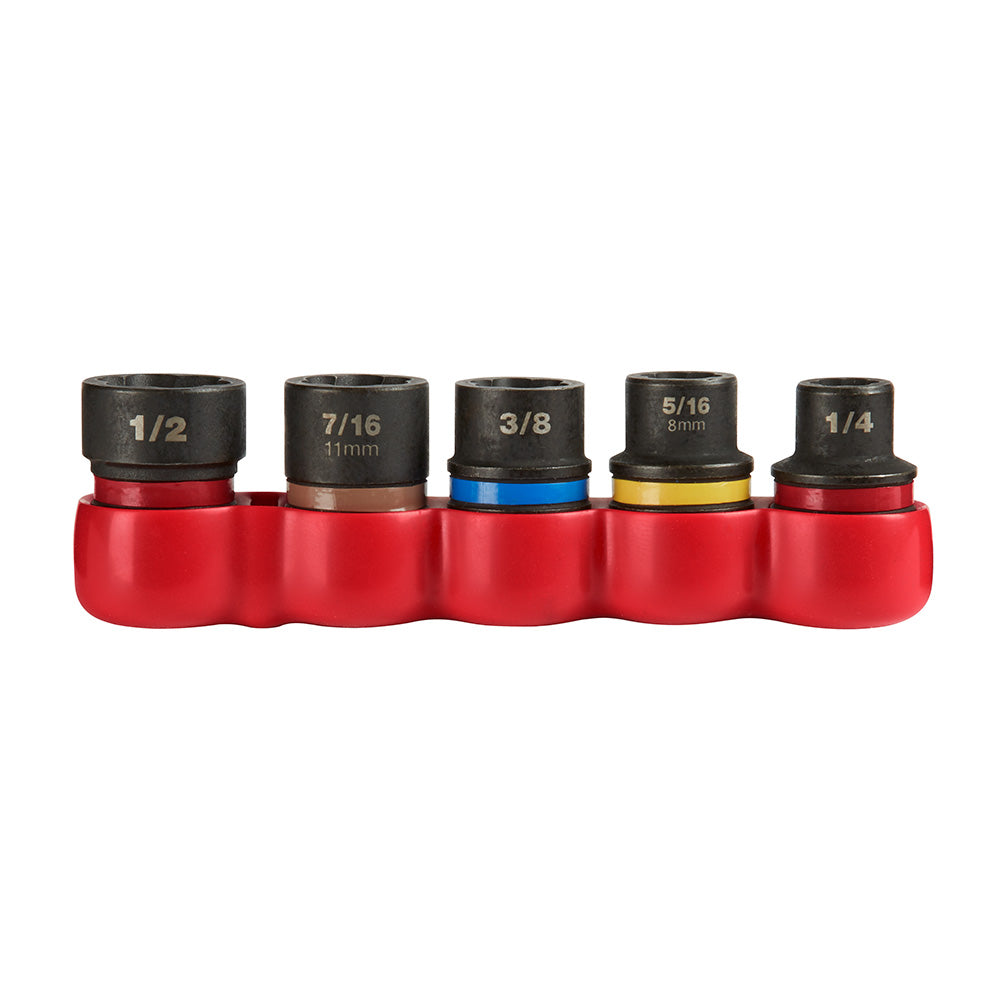 Six impact extractor sockets with black heads and red bases, labeled 1/2", 7/16", 3/8", 5/16", and 1/4" in a connected row.