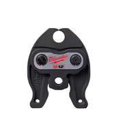 Black Milwaukee M12 PEX crimp jaw tool head with dual adjustment knobs and mounting holes.