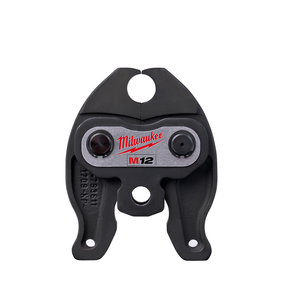Black Milwaukee M12 PEX crimp jaw tool head with dual adjustment knobs and mounting holes.