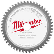 Milwaukee 5-3/8 inch 50-tooth circular saw blade for non-ferrous metals with gray teeth and white center label.