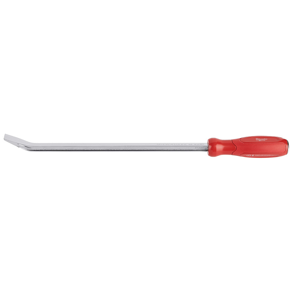 Milwaukee 18" pry bar with curved metal blade and red plastic handle.