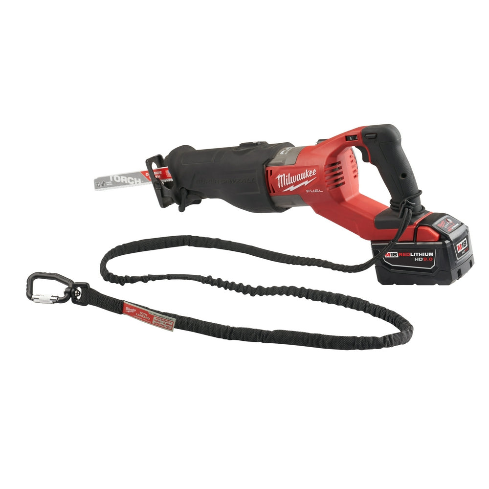 Black nylon tool lanyard with metal carabiner clip and elastic shock cord, displayed with Milwaukee reciprocating saw for sca