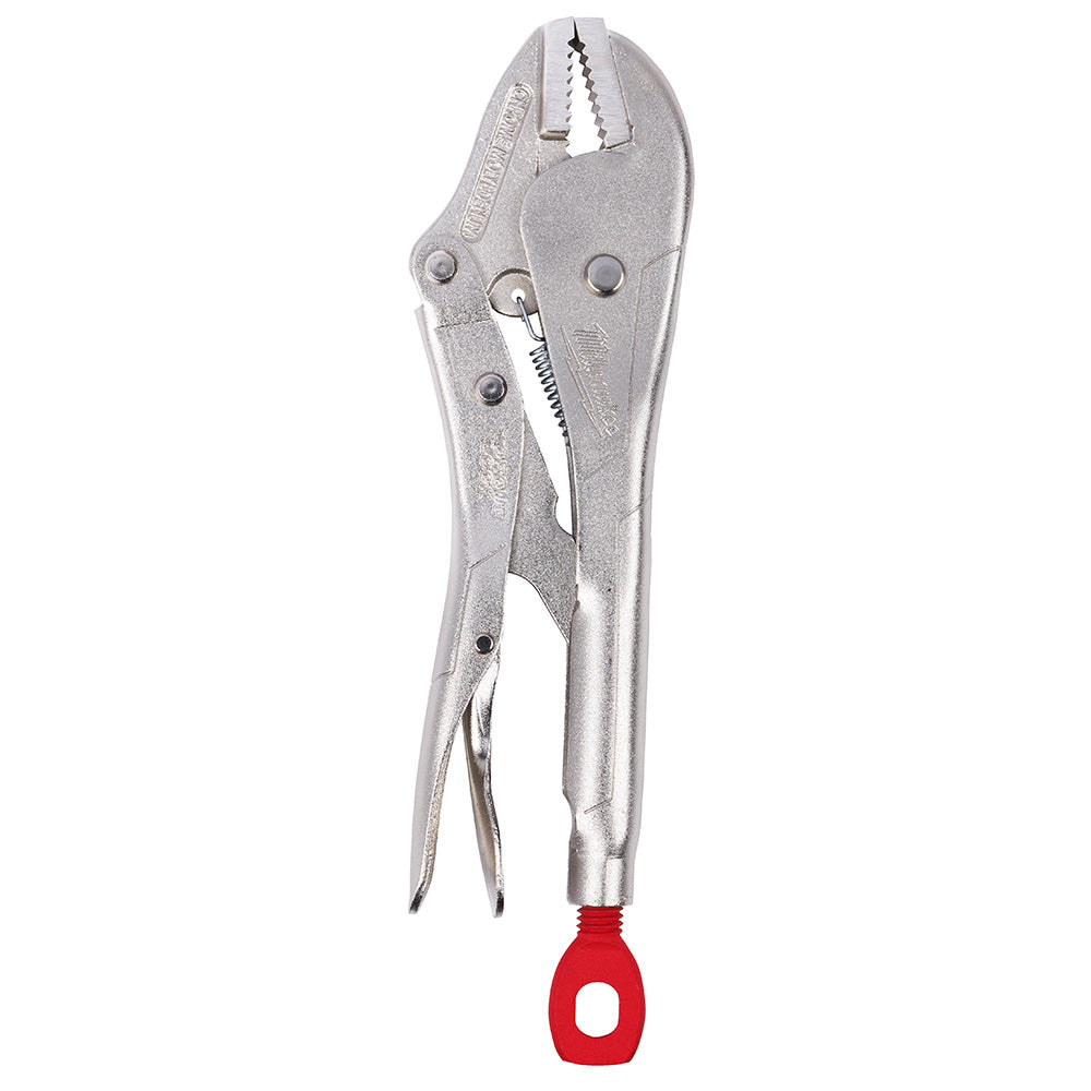 Milwaukee TORQUE LOCK straight jaw locking pliers with serrated jaws, metal body, and red handle grip.