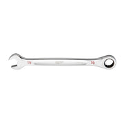 Silver 7/8 inch SAE ratcheting combination wrench with open and closed ends, Milwaukee branding on shaft.