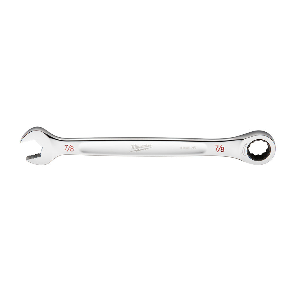 Silver 7/8 inch SAE ratcheting combination wrench with open and closed ends, Milwaukee branding on shaft.