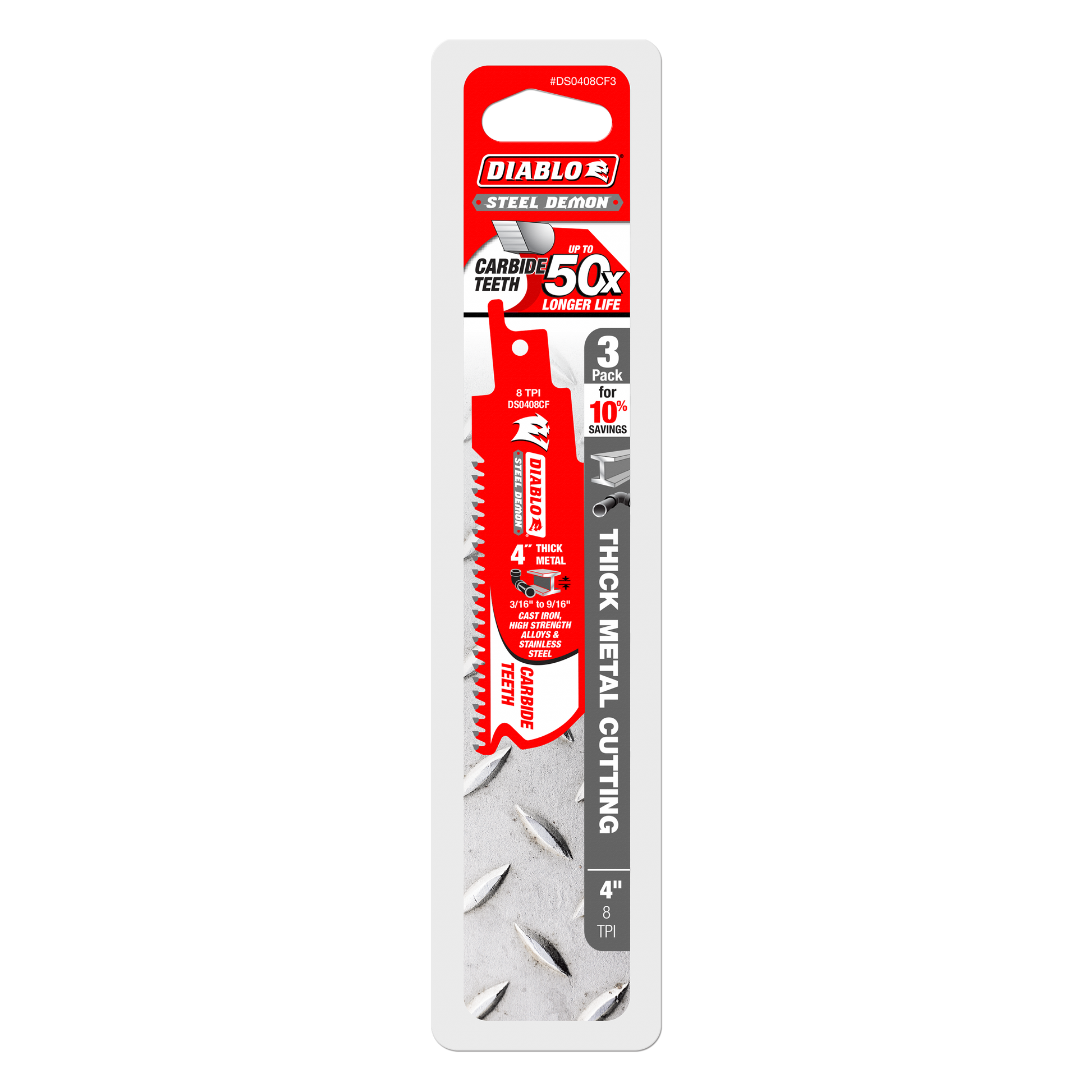 Three 4-inch steel reciprocating saw blades with carbide teeth for thick metal cutting on red and white packaging.