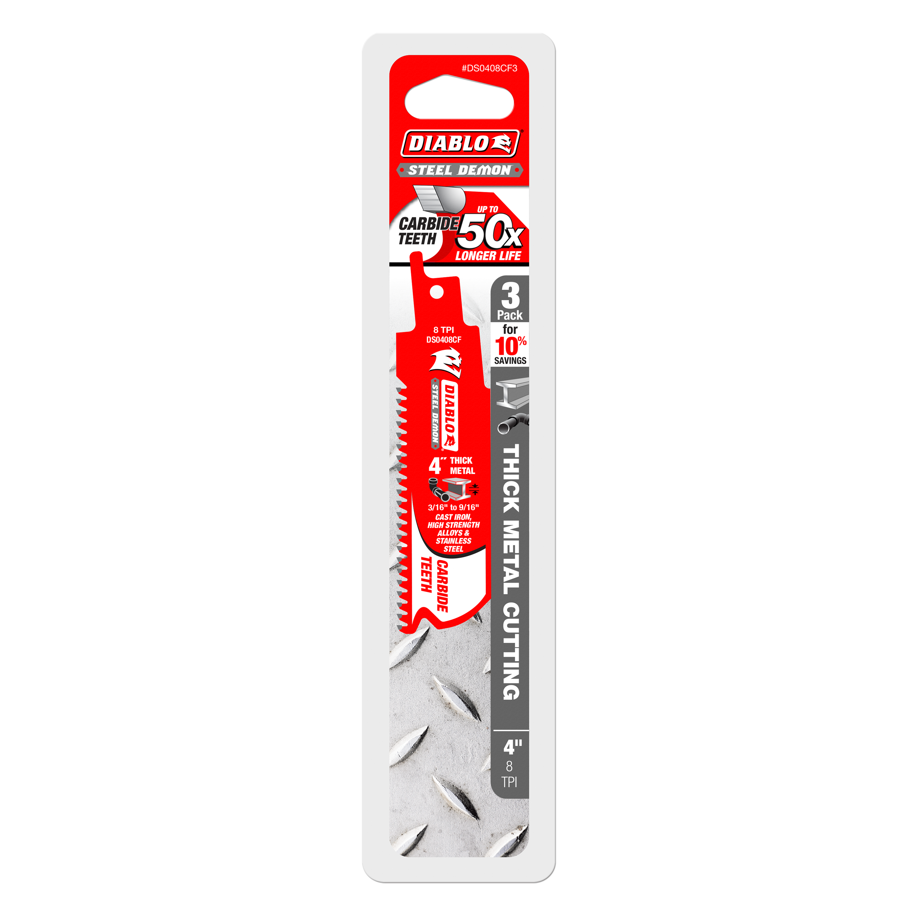 Three 4-inch steel reciprocating saw blades with carbide teeth for thick metal cutting on red and white packaging.