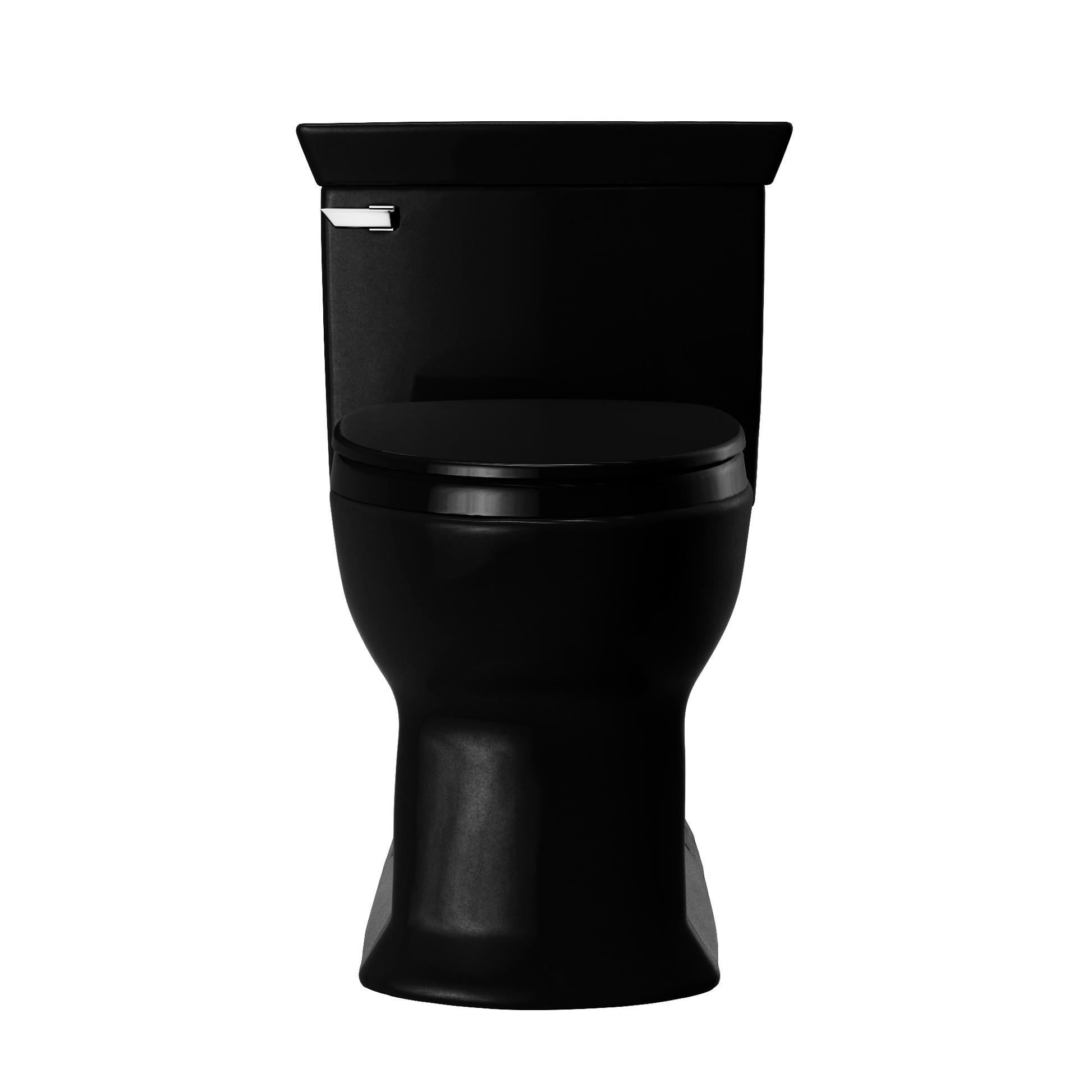 Ebony one-piece elongated toilet with soft-close seat and chrome handle lever on tank.