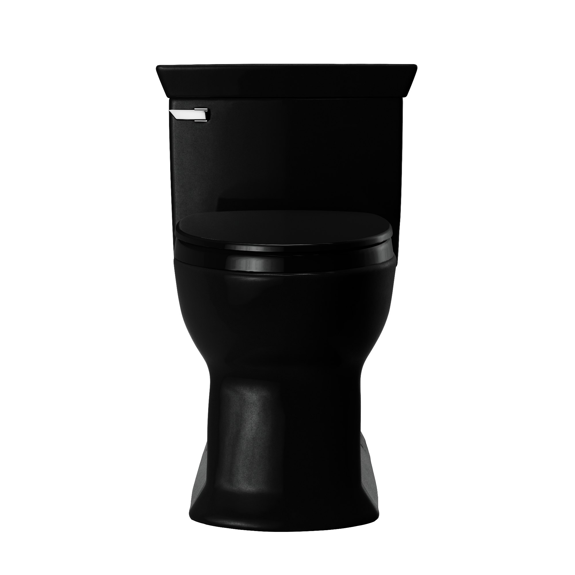 Ebony one-piece elongated toilet with soft-close seat and chrome handle lever on tank.