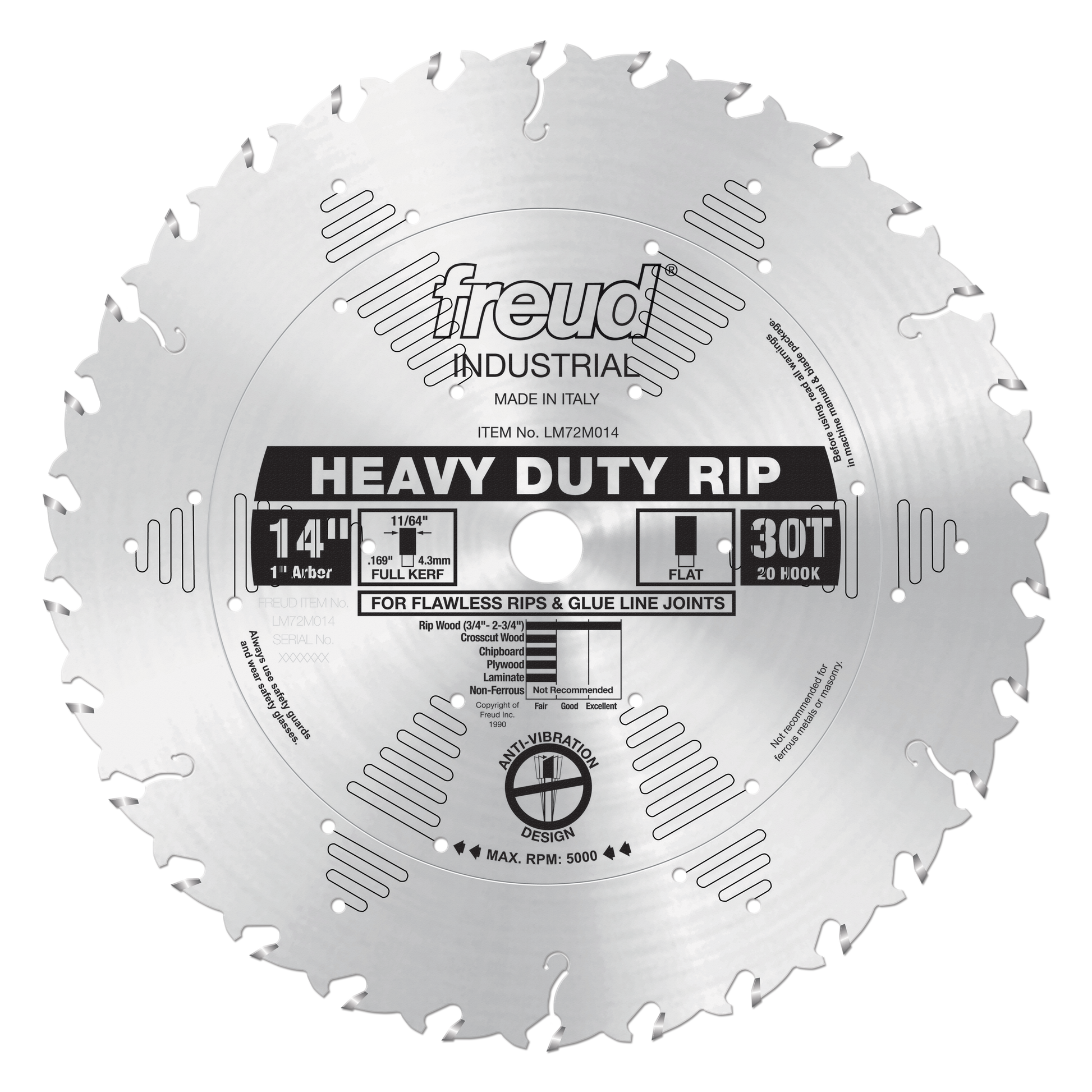 14" circular saw blade with 30 teeth, 1" arbor, marked "Freud Industrial Heavy Duty Rip" for ripping wood.