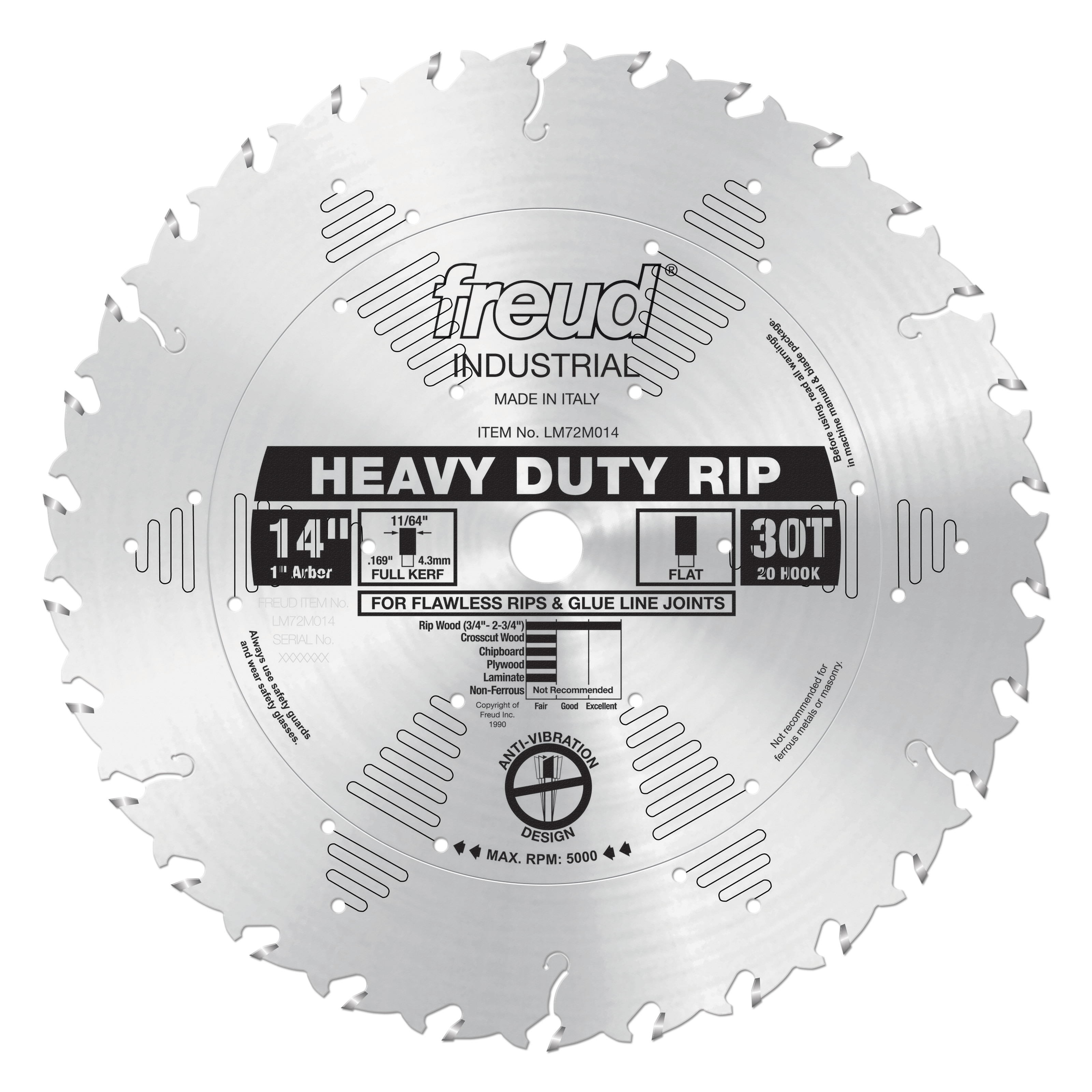 14" circular saw blade with 30 teeth, 1" arbor, marked "Freud Industrial Heavy Duty Rip" for ripping wood.