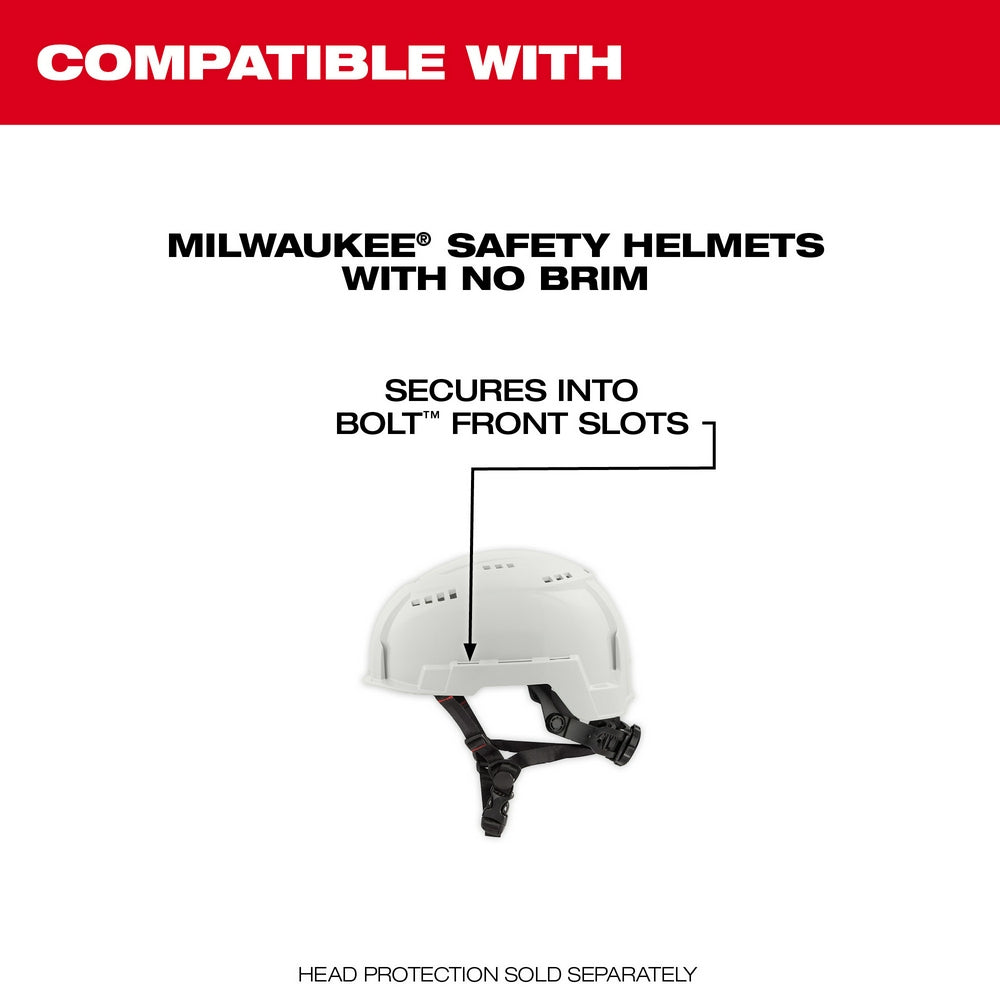 White safety helmet with black chin strap and attachment points for face shield accessories.