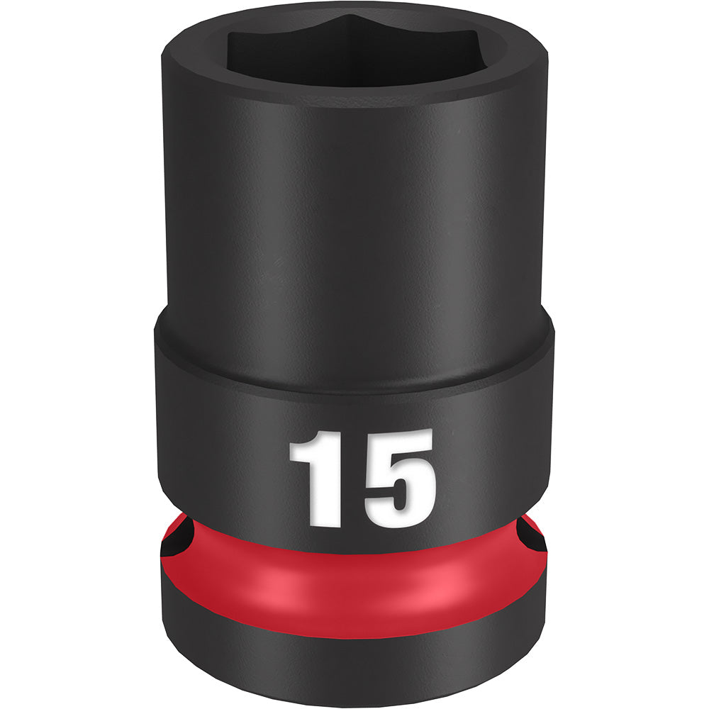 Black socket with hexagonal opening, red grip band, marked "15" for 15MM size, 1/2" drive.