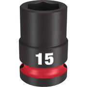 Black socket with hexagonal opening, red grip band, marked "15" for 15MM size, 1/2" drive.