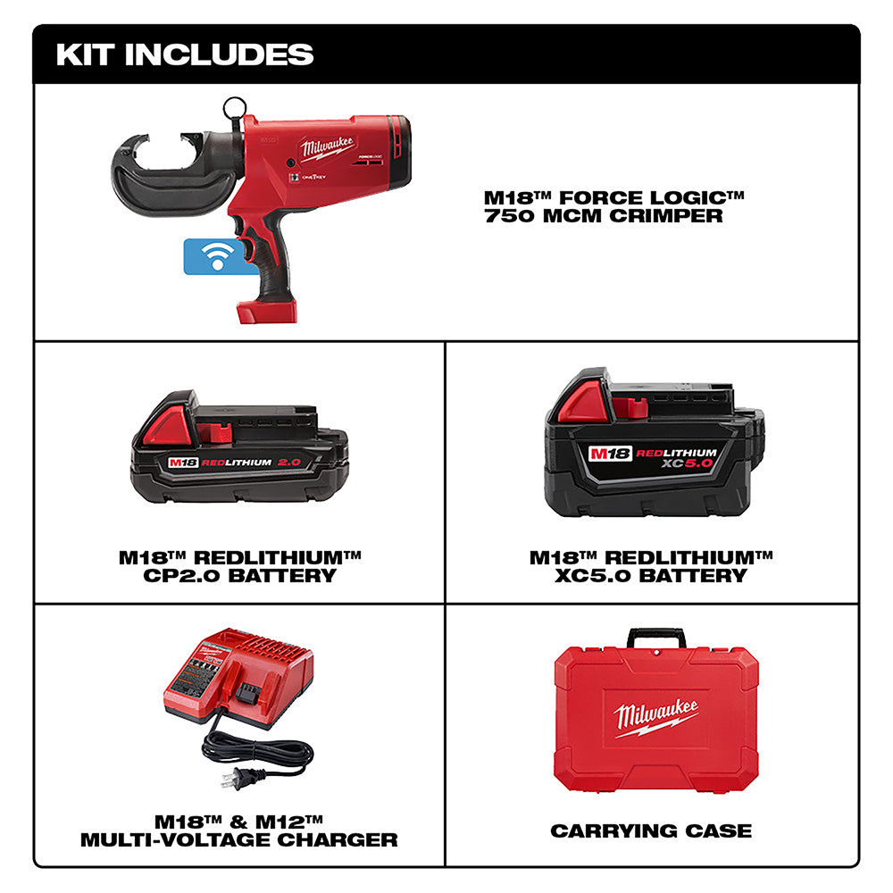 Red and black Milwaukee M18 FORCE LOGIC crimper tool with two batteries, charger, and red carrying case displayed in kit layo