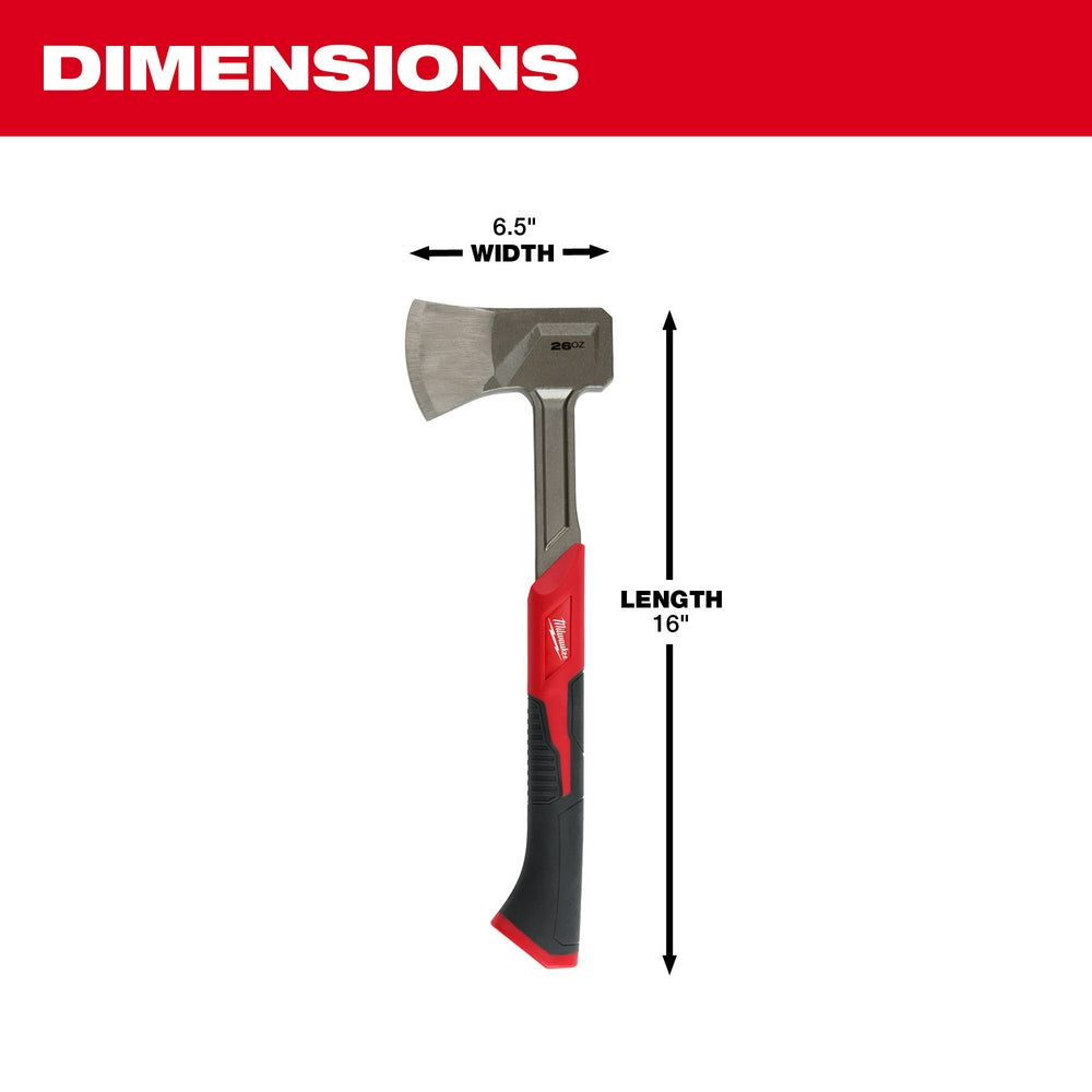 Milwaukee 16" splitting axe with 6.5" wide steel head and red and black composite handle.