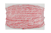 Coiled red and white braided chalk line rope.