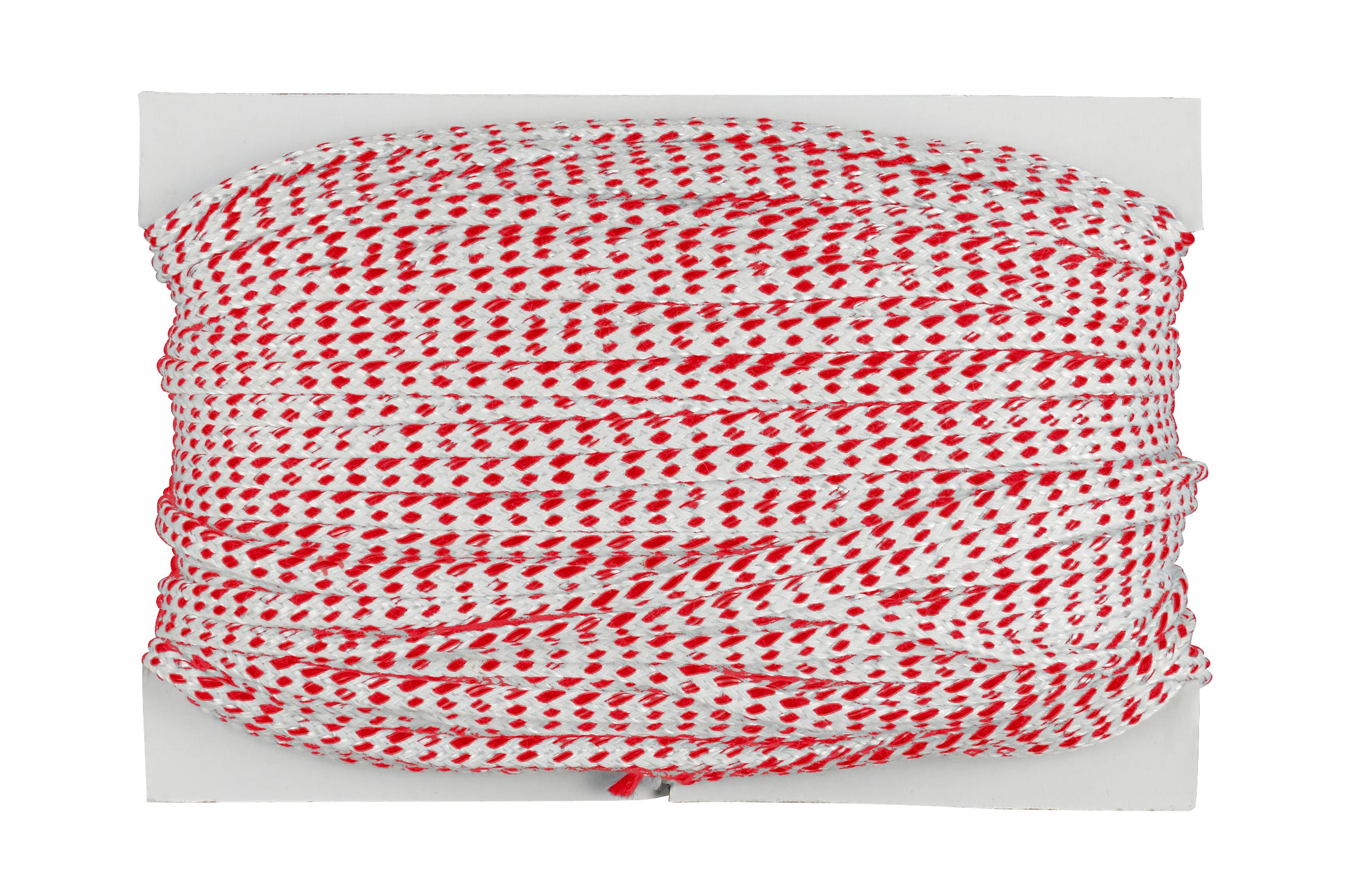 Coiled red and white braided chalk line rope.