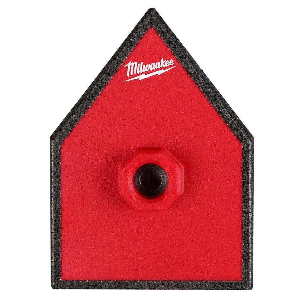 Red and black triangular sander pad with Milwaukee logo and center mounting hole.