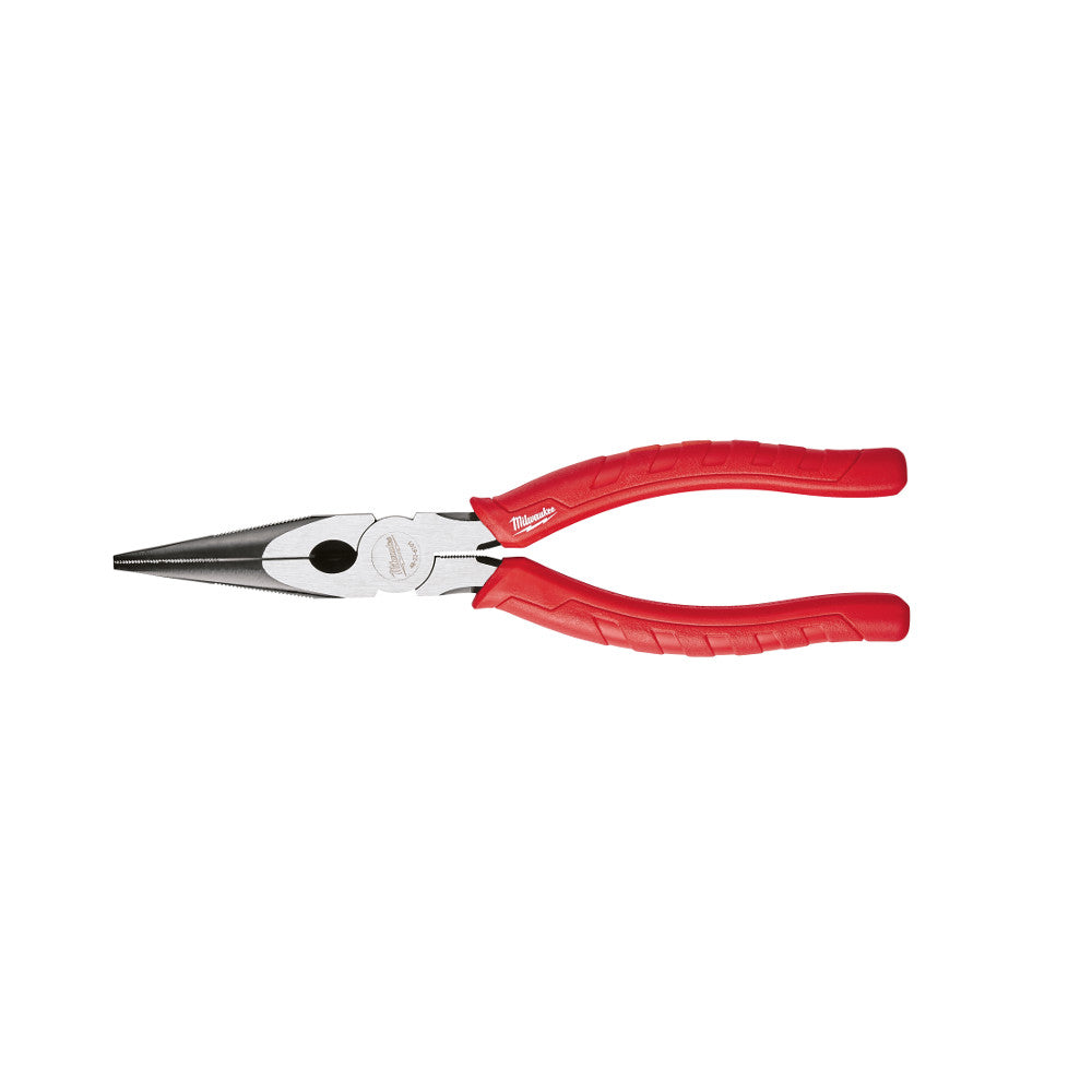 Milwaukee long nose pliers with red handles and metal jaws, displayed open against white background.