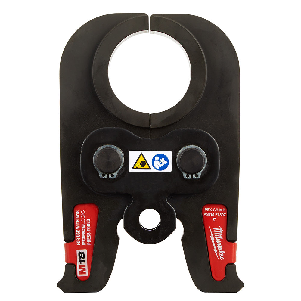 Black and red Milwaukee PEX crimp jaw with 2-inch circular opening and dual trigger buttons for M18 press tool.