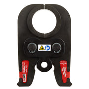 Black and red Milwaukee PEX crimp jaw with 2-inch circular opening and dual trigger buttons for M18 press tool.