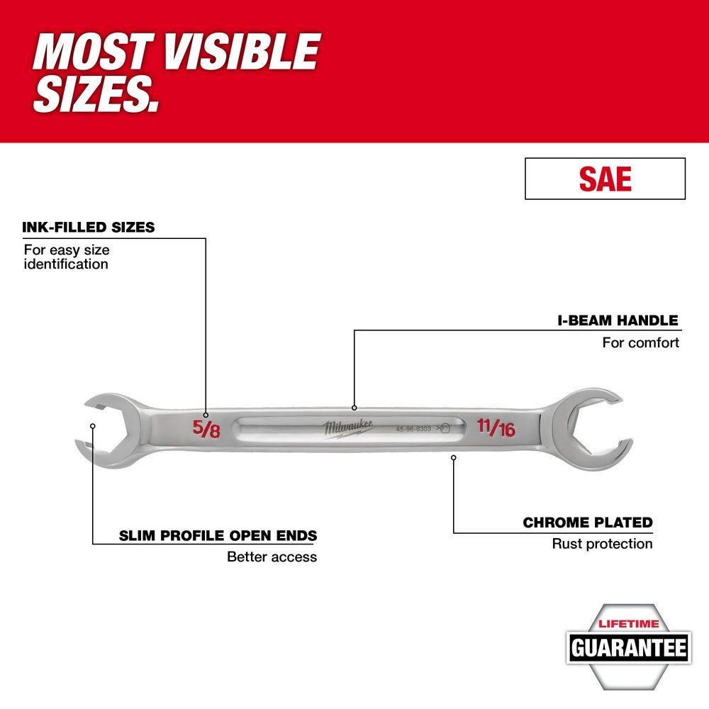 Milwaukee double end flare nut wrench with 5/8" and 11/16" SAE sizes, chrome plated finish, and I-beam handle.