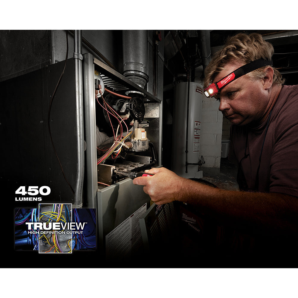 Red headlamp worn by technician working inside electrical panel with bright white LED light illuminating wiring.