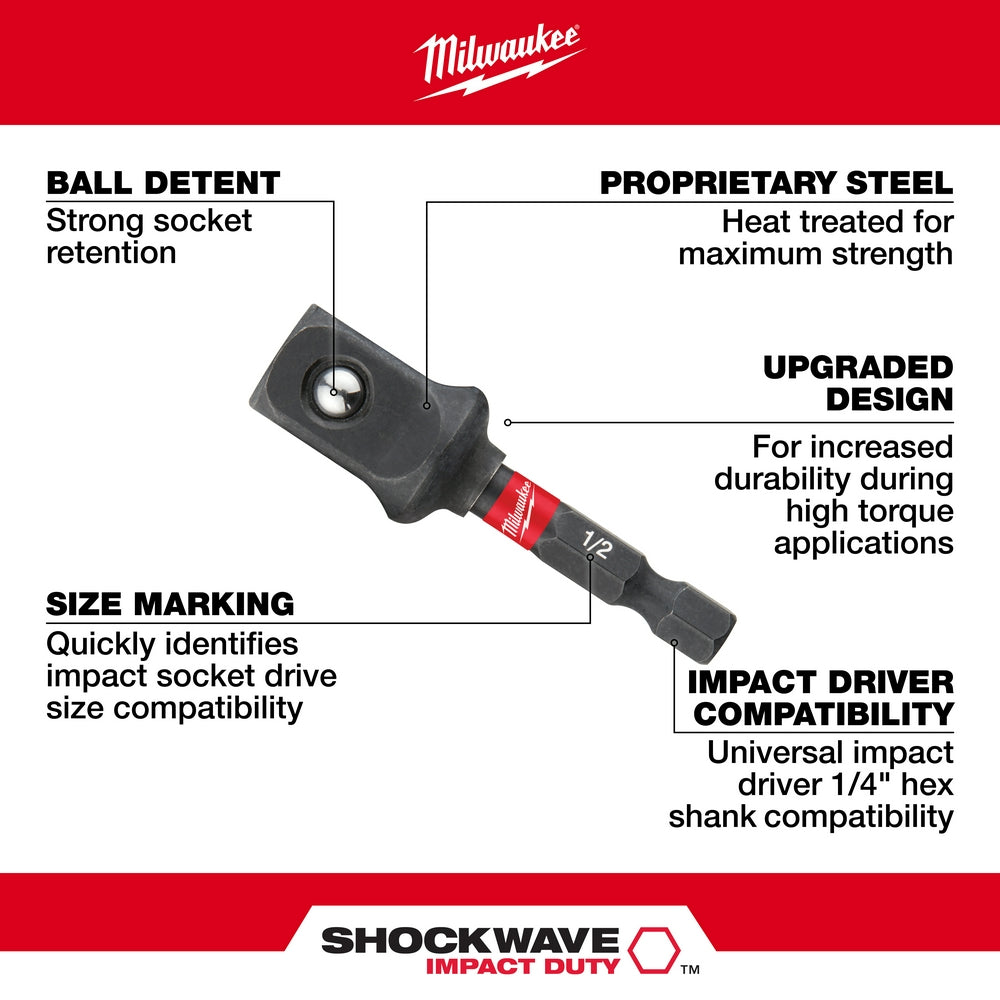 Milwaukee Shockwave socket adapter with 1/4 inch hex drive and 1/2 inch square socket, black with red band and ball detent.