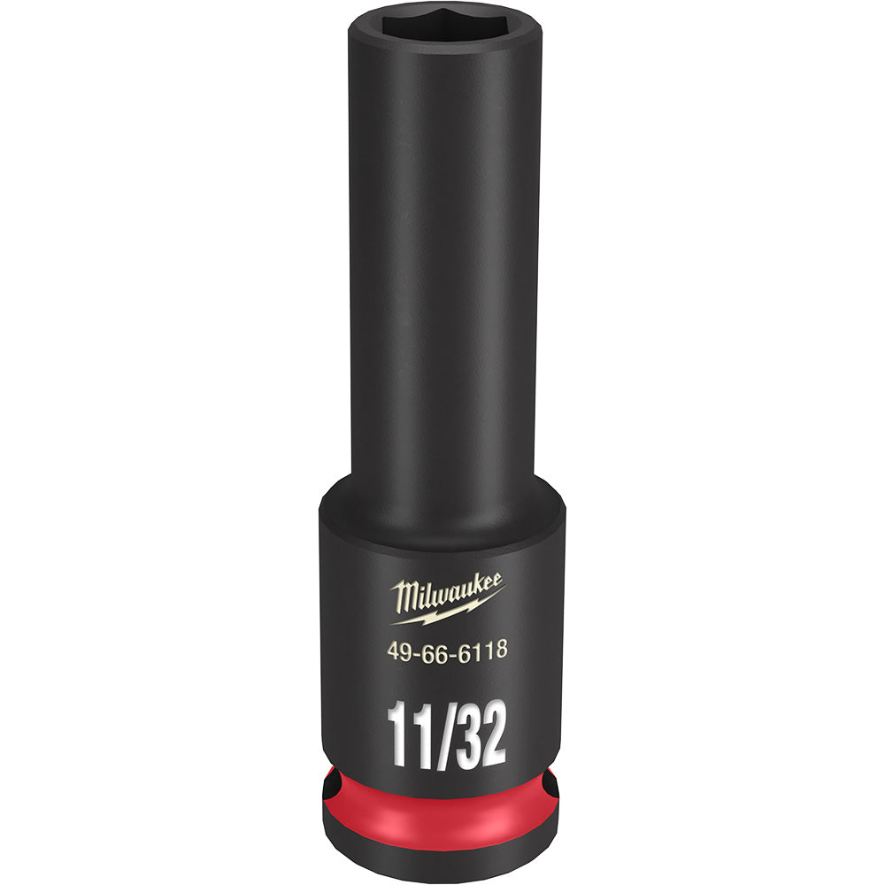 Black deep socket with hexagonal opening, red grip band at base, Milwaukee logo and 11/32 markings visible.