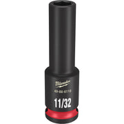 Black deep socket with hexagonal opening, red grip band at base, Milwaukee logo and 11/32 markings visible.
