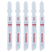 Five Milwaukee bi-metal jig saw blades with model 5121 marked in red, featuring serrated cutting edges.