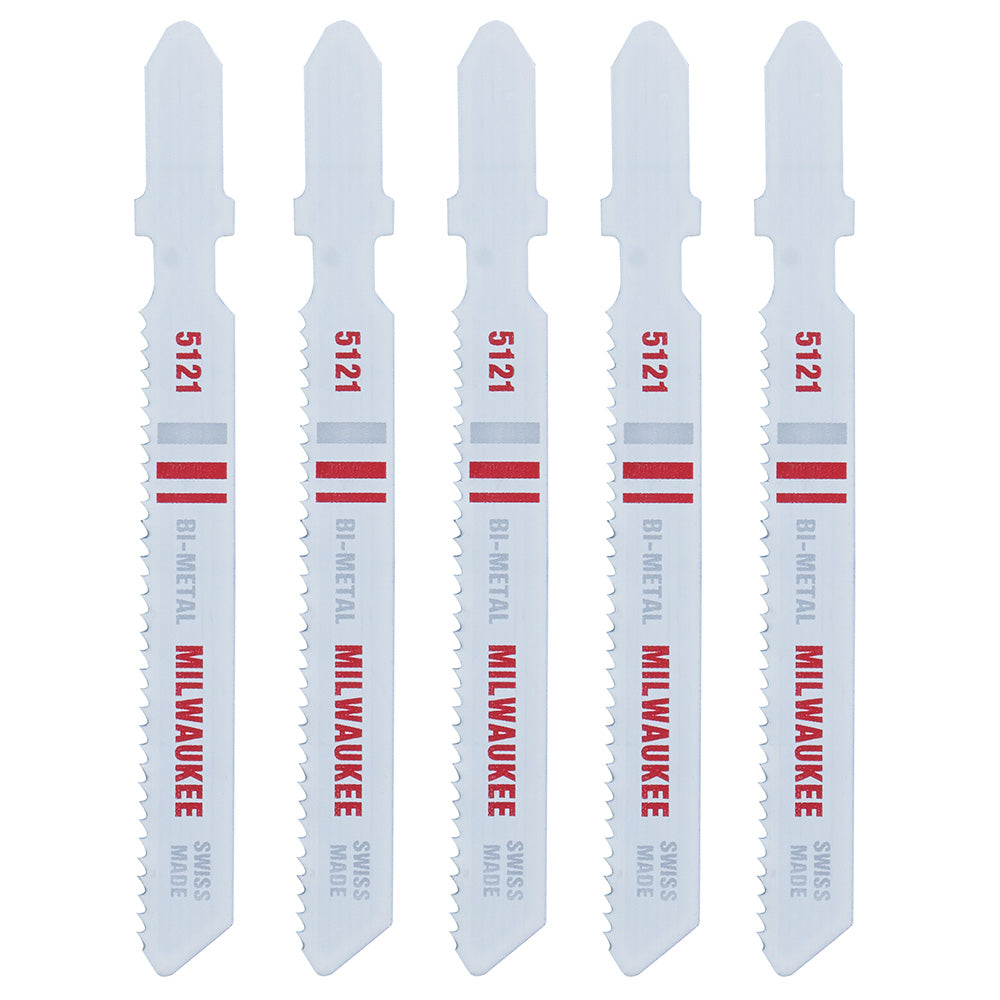 Five Milwaukee bi-metal jig saw blades with model 5121 marked in red, featuring serrated cutting edges.