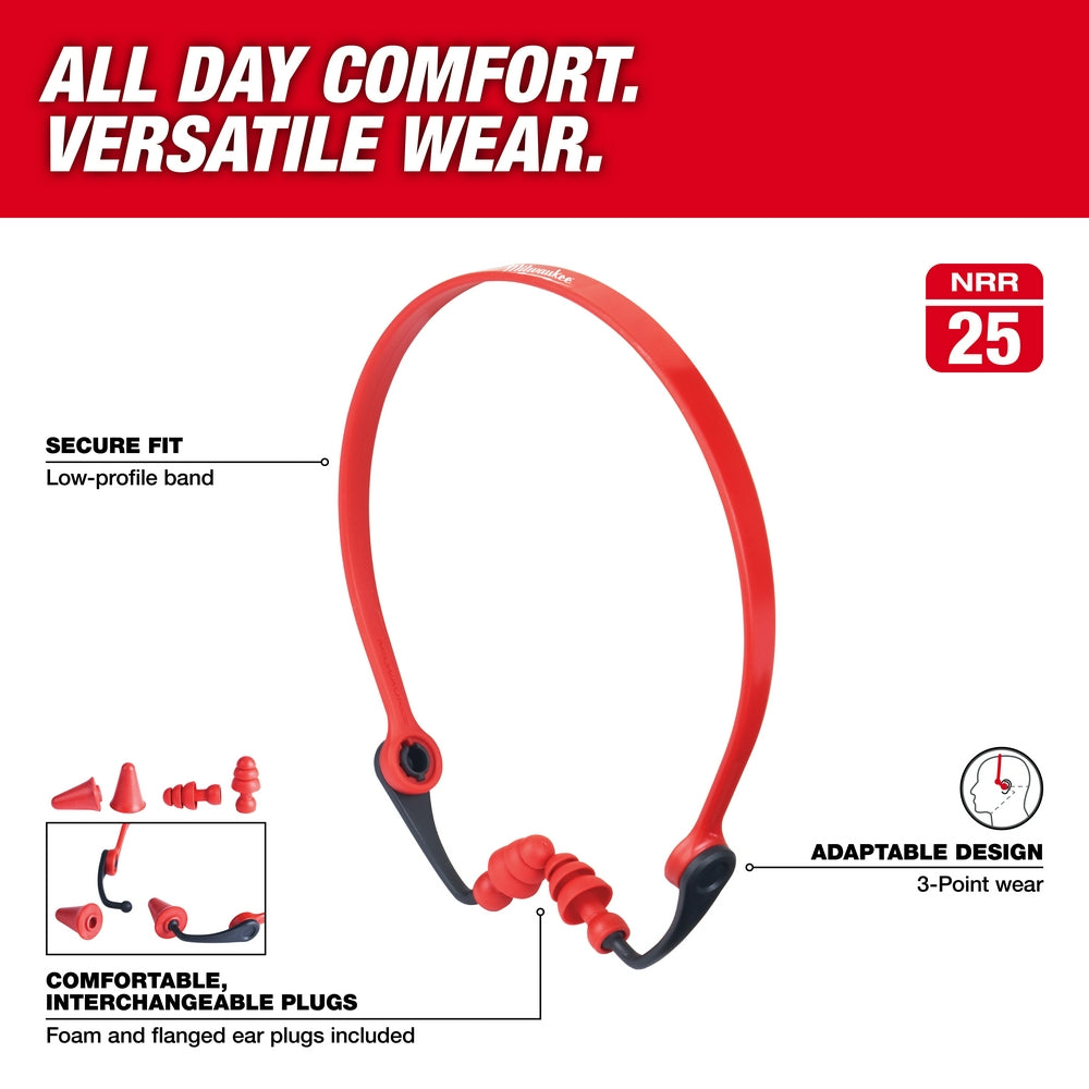 Red banded ear plugs with low-profile band, interchangeable foam and flanged plugs, NRR 25 rating.