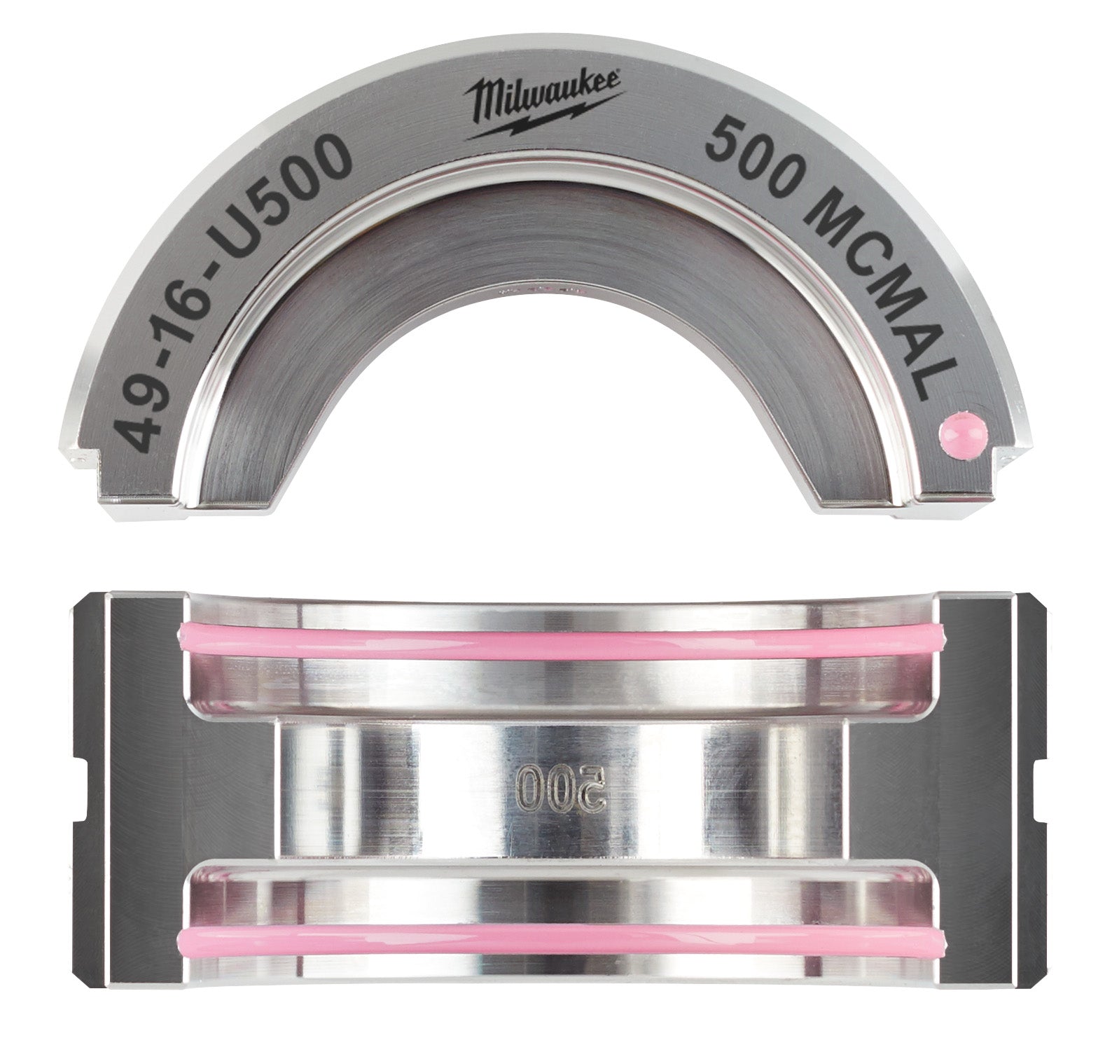 Milwaukee 49-16-U500 aluminum U style die for 500 MCM cable with curved top and rectangular base sections.
