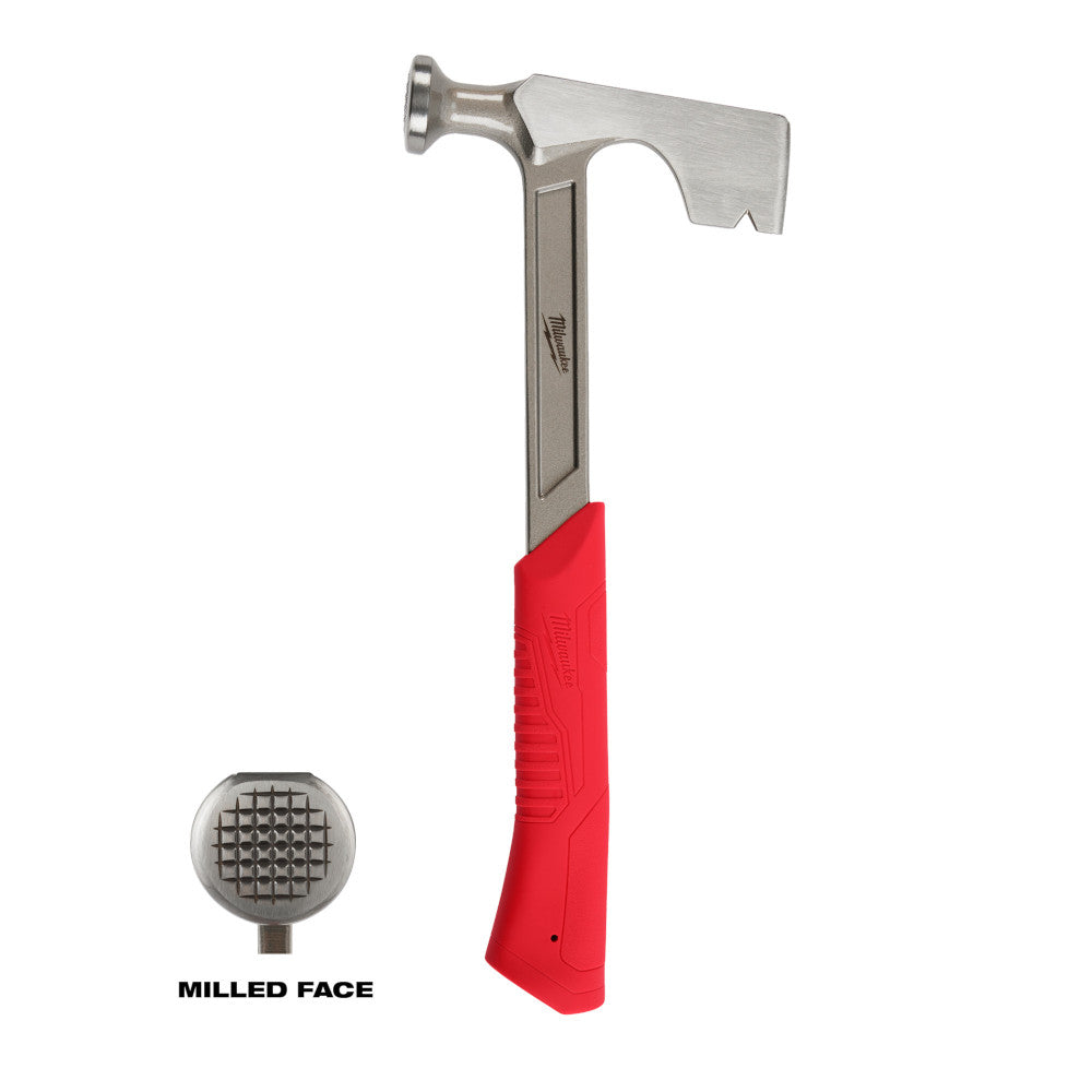 Milwaukee drywall hammer with steel head, flat pry end, red grip handle, and milled face detail shown.