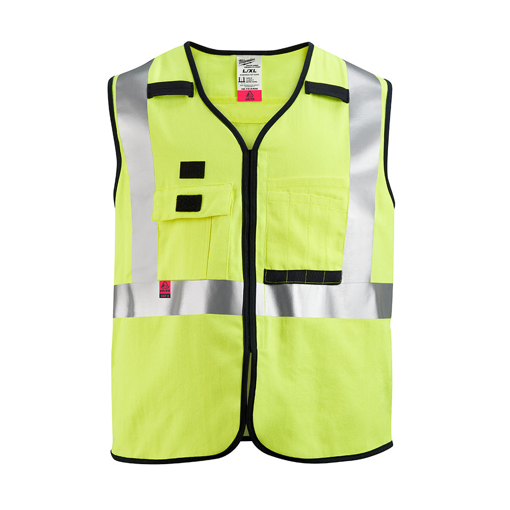 High-visibility yellow safety vest with reflective silver stripes, front zip closure, and two chest pockets with black trim.
