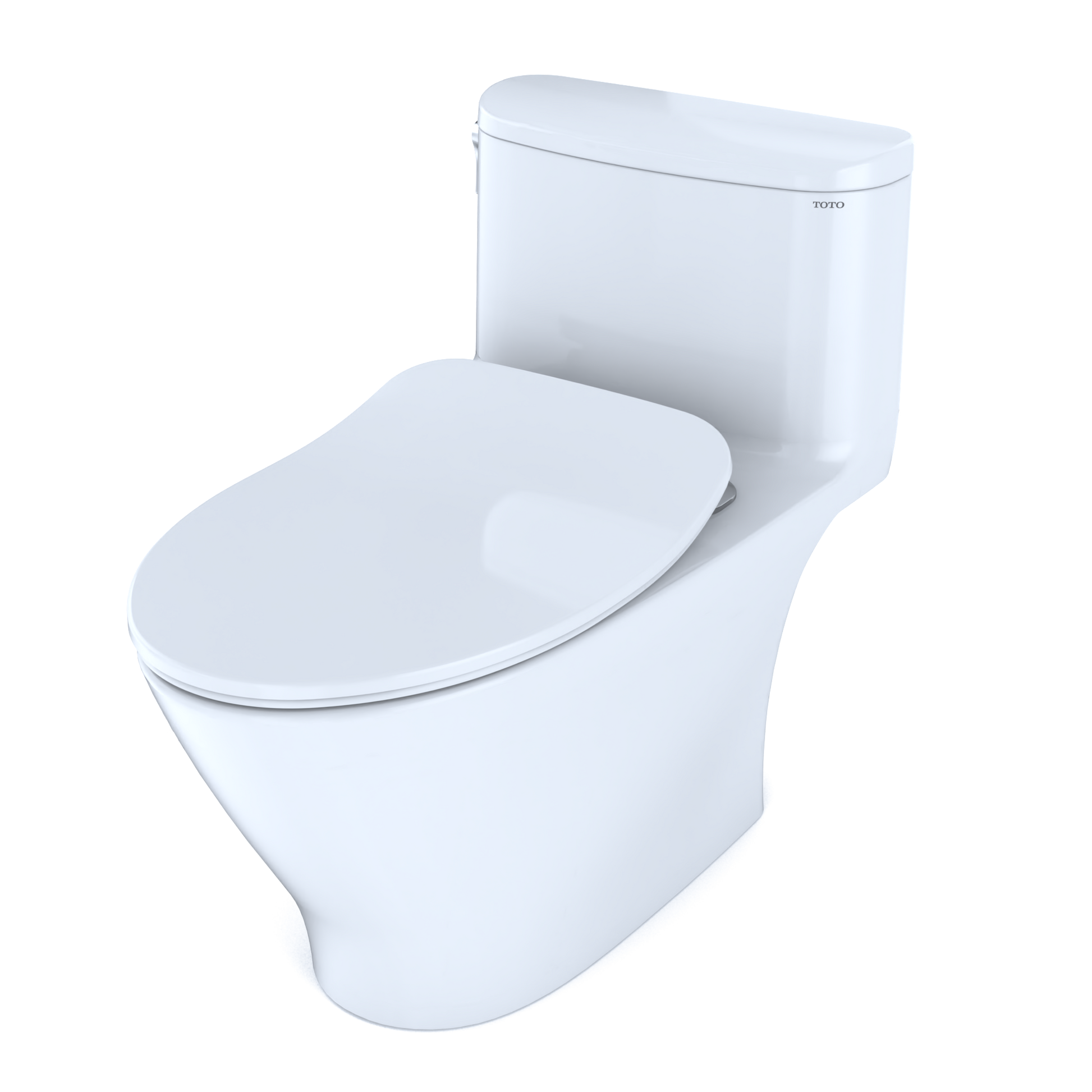 Cotton white one-piece elongated toilet with soft-close seat and integrated tank.