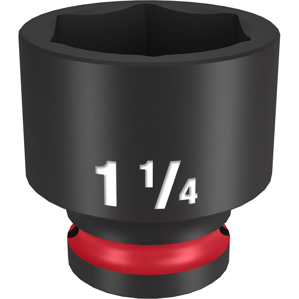 Black 1-1/4" socket with six-point opening and red band on base, labeled "1 1/4".