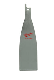 Gray metal scraper blade with flat rectangular body, angled handle, mounting hole, and red Milwaukee branding.