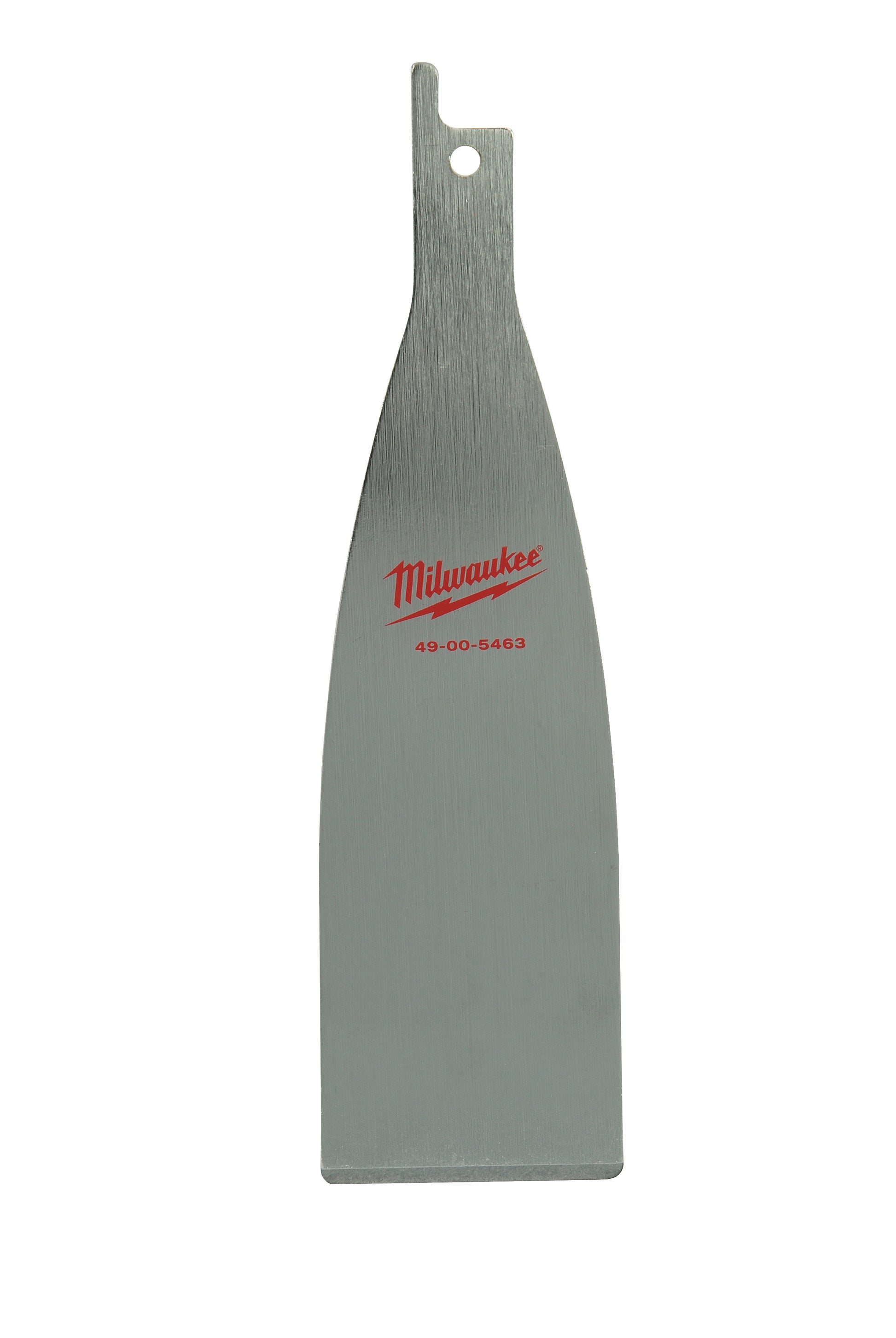 Gray metal scraper blade with flat rectangular body, angled handle, mounting hole, and red Milwaukee branding.