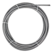 Coiled metal drain cable with ribbed exterior and inner core construction, secured with white bands.