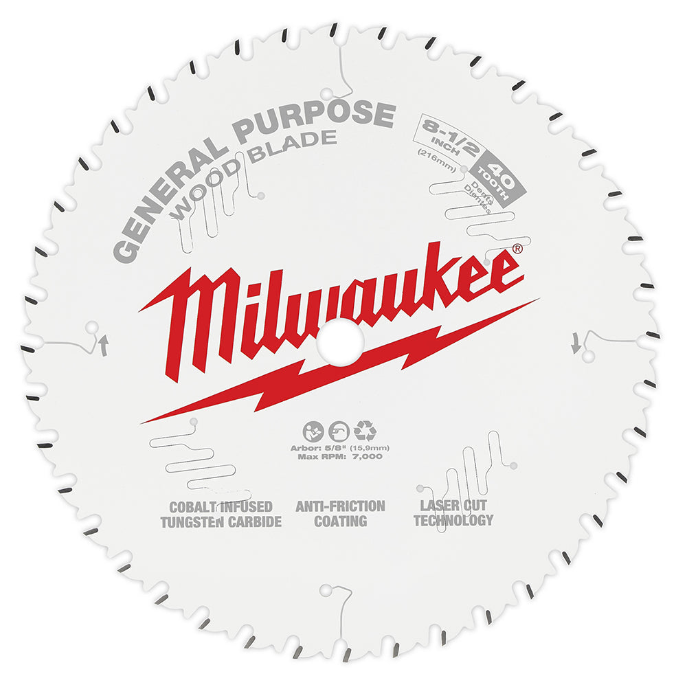 White circular saw blade with 40 teeth and Milwaukee branding, labeled for general purpose woodblade use.